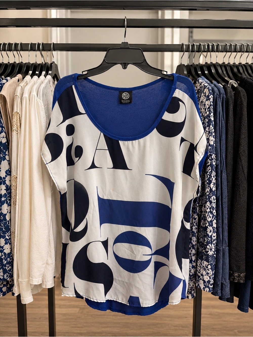 bobeau Blue & White Typographic Scoop Neck Blouse